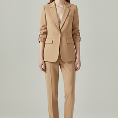Women’s blazer set with notched lapel and straight-leg trousers, stylish tailored suit by THE WHITMORE FAMILY.