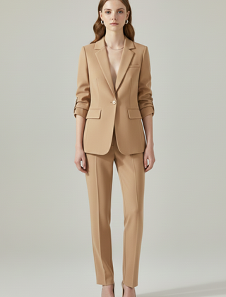 Women’s blazer set with notched lapel and straight-leg trousers, stylish tailored suit by THE WHITMORE FAMILY.