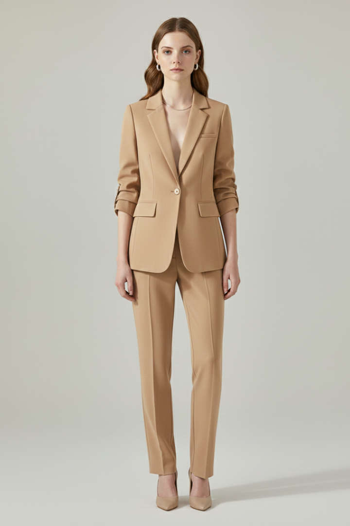 Women’s blazer set with notched lapel and straight-leg trousers, stylish tailored suit by THE WHITMORE FAMILY.