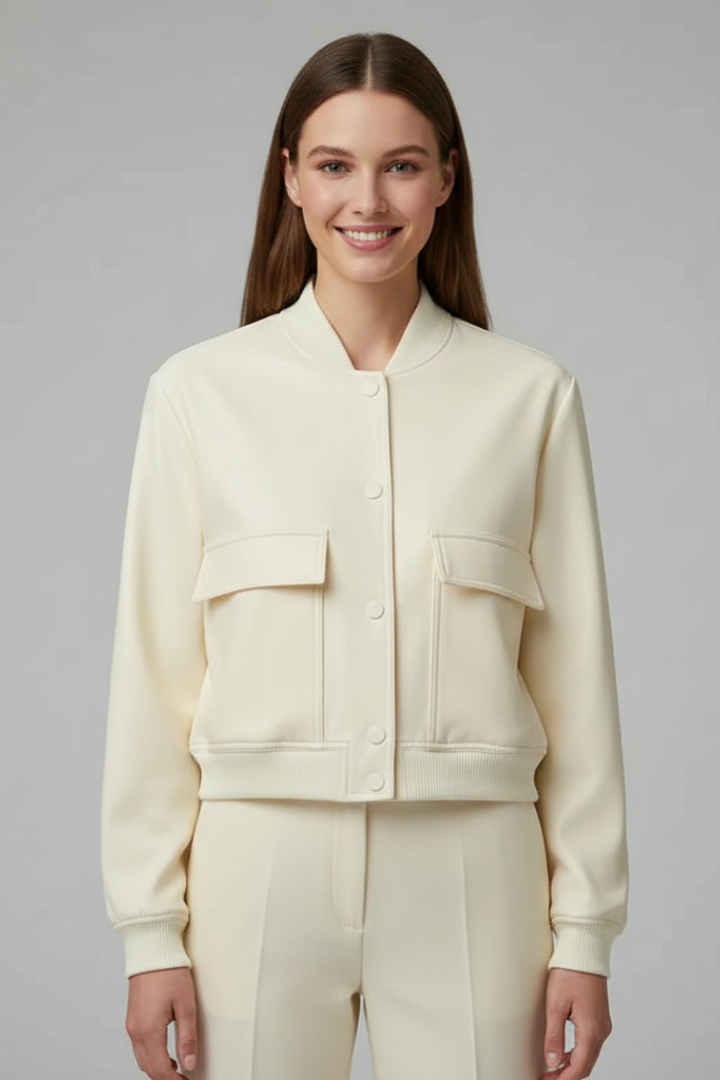 Beige women’s bomber jacket by THE WHITMORE FAMILY featuring a baseball collar and snap buttons, stylish and casual outerwear.