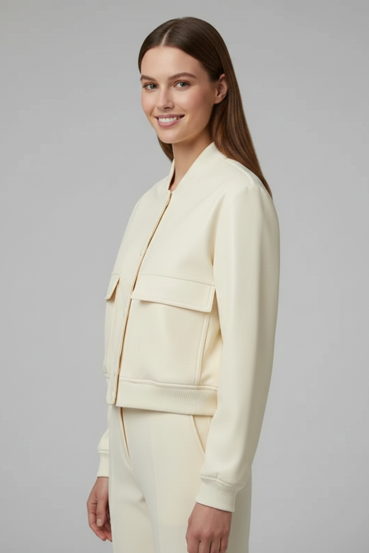 Women’s beige bomber jacket with baseball collar and snap buttons, designed by THE WHITMORE FAMILY, featuring a stylish casual look.