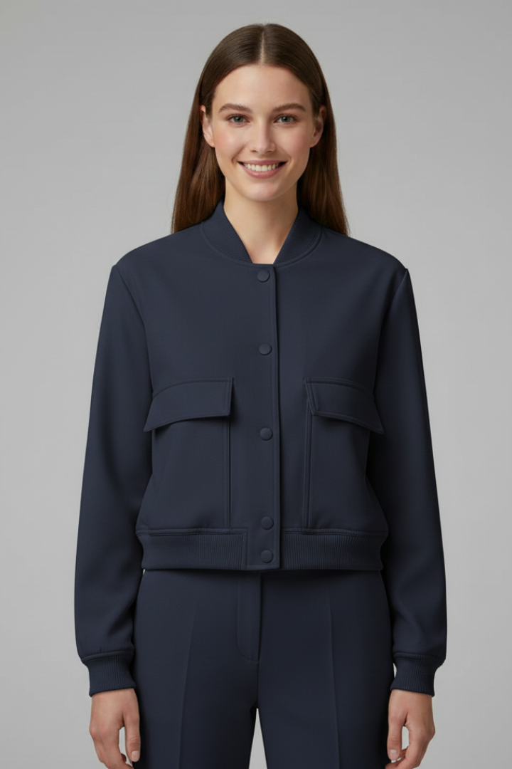 Beige women’s bomber jacket with baseball collar and snap buttons, by THE WHITMORE FAMILY, displayed on a hanger.