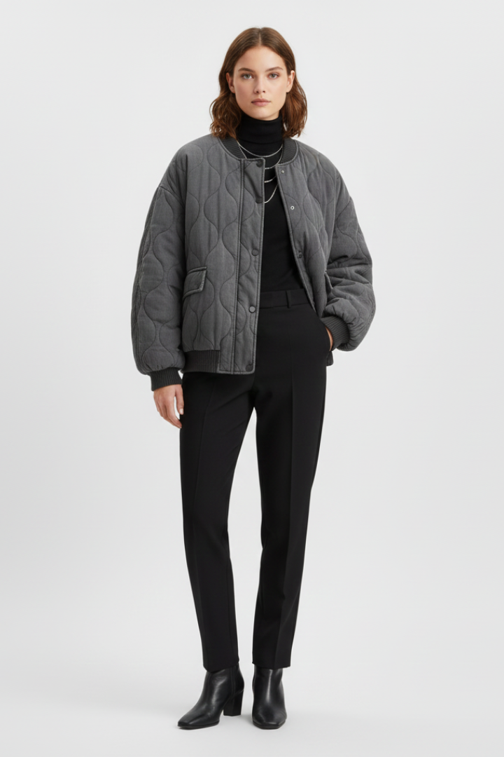 Women's grey bomber jacket by THE WHITMORE FAMILY with snap closure and quilted surface, styled for a casual look.
