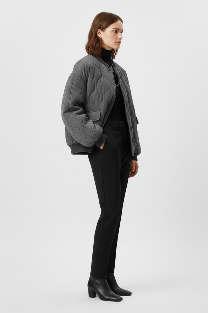 Women's grey bomber jacket by THE WHITMORE FAMILY with snap closure and quilted surface, shown on a model.