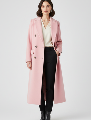 Beige women's coat with lapel collar and button fastening by THE WHITMORE FAMILY, shown hanging on a wooden hanger.