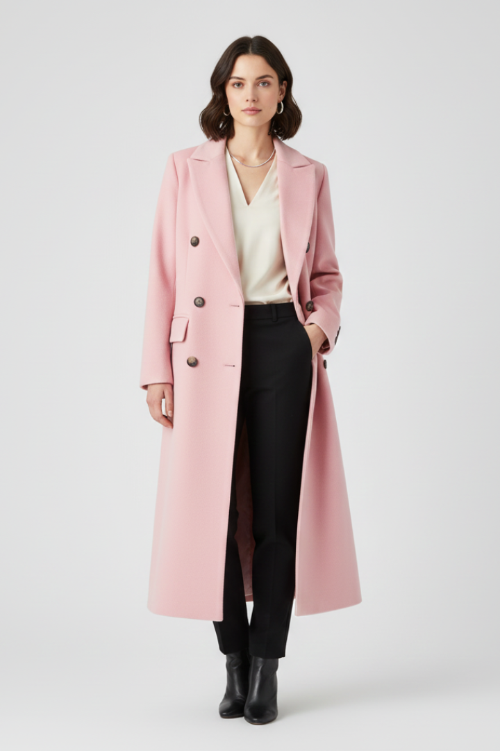 Beige women's coat with lapel collar and button fastening by THE WHITMORE FAMILY, shown hanging on a wooden hanger.