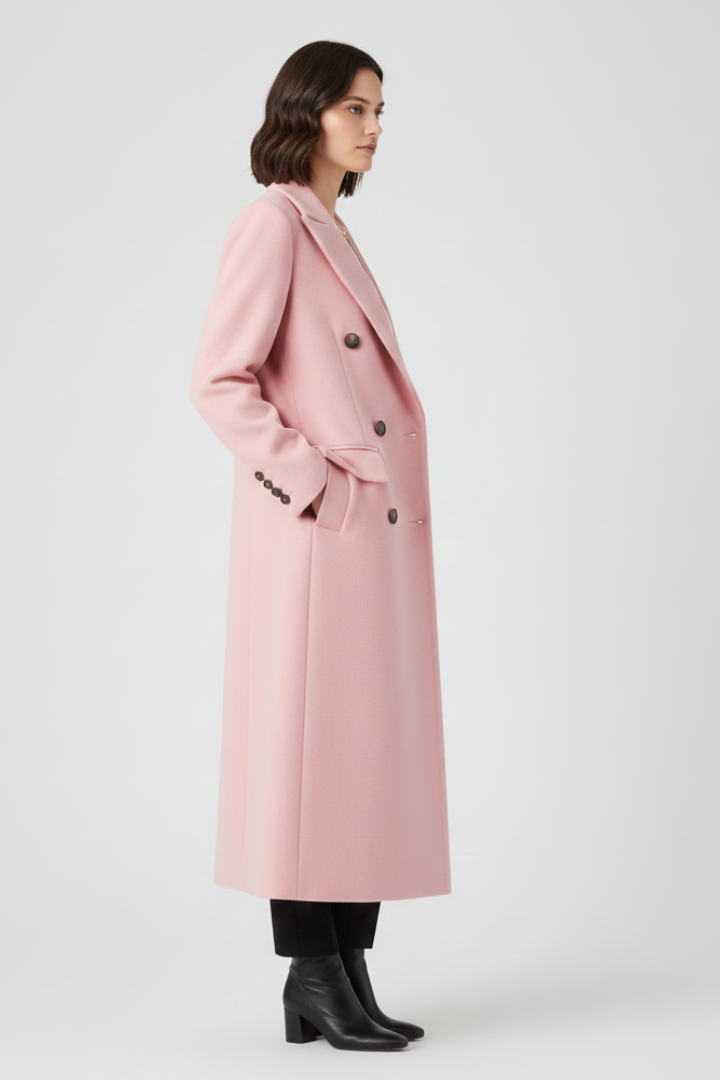 Beige women’s coat with lapel collar and button fastening by THE WHITMORE FAMILY, shown on a model.