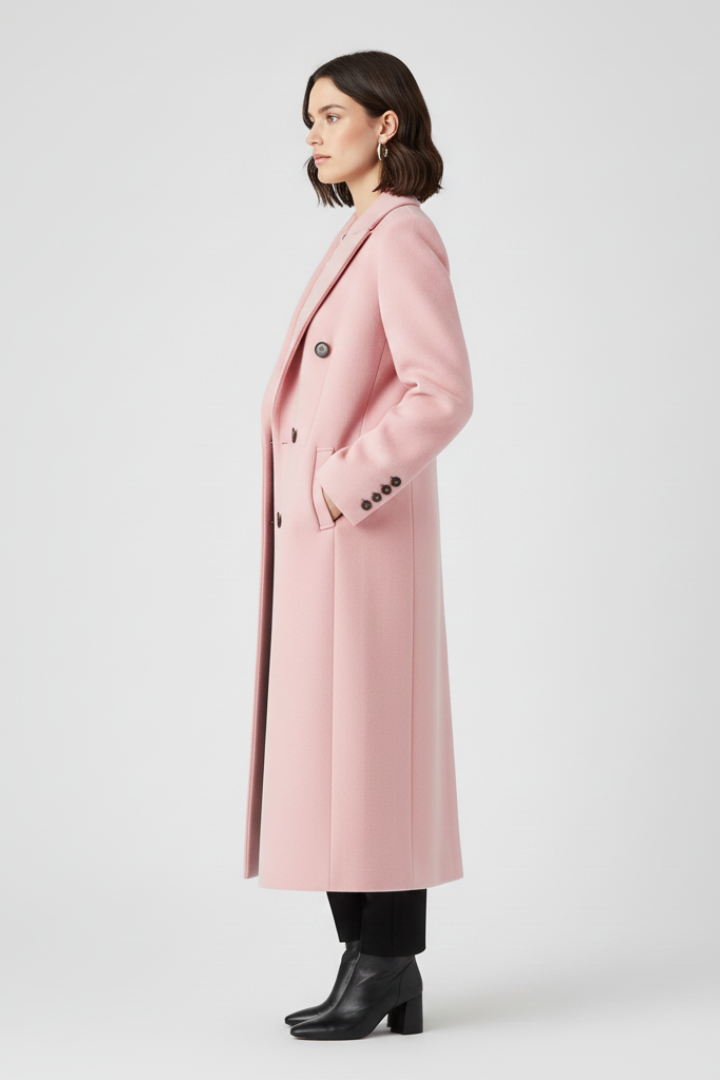 Beige women’s coat with lapel collar and button fastening by THE WHITMORE FAMILY, displayed on a hanger.