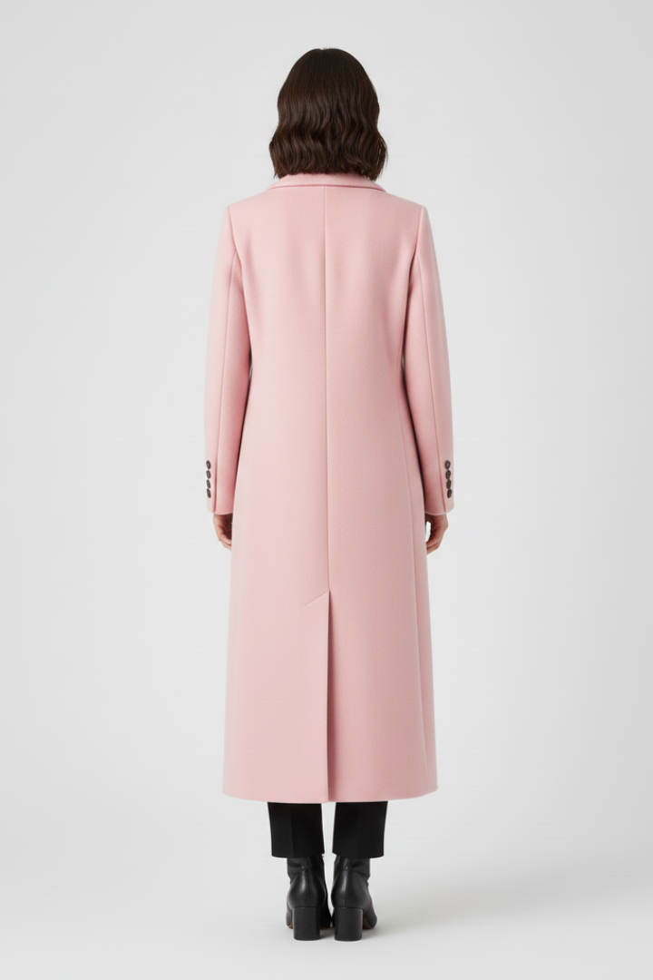 Beige women’s coat with lapel collar and button fastening by THE WHITMORE FAMILY, shown hanging on a white background.