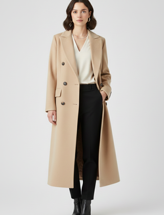 Beige women’s coat by THE WHITMORE FAMILY with lapel collar and button fastening, displayed on a hanger.