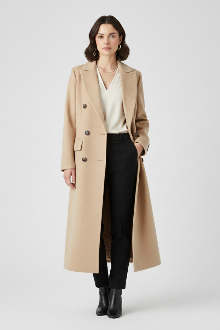 Beige women’s coat by THE WHITMORE FAMILY with lapel collar and button fastening, displayed on a hanger.