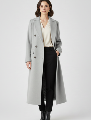 Beige women’s coat from THE WHITMORE FAMILY with a lapel collar and button fastening, stylish and suitable for cold weather.