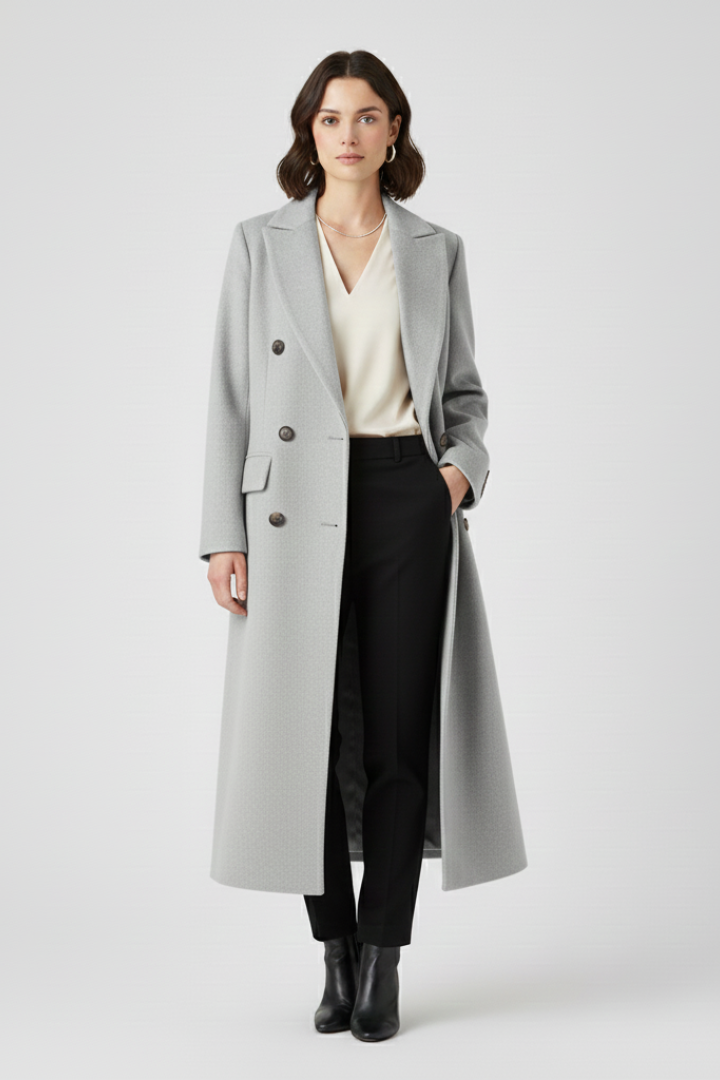 Beige women’s coat from THE WHITMORE FAMILY with a lapel collar and button fastening, stylish and suitable for cold weather.