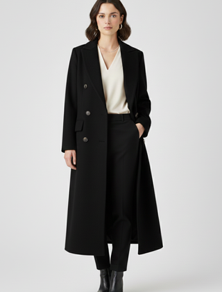 Women's beige coat with lapel collar and button fastening by THE WHITMORE FAMILY, stylish outerwear for fall and winter.