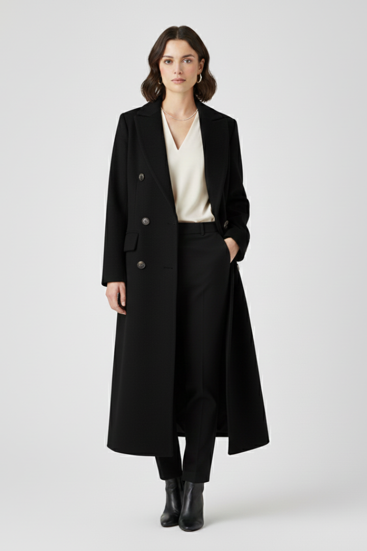 Women's beige coat with lapel collar and button fastening by THE WHITMORE FAMILY, stylish outerwear for fall and winter.