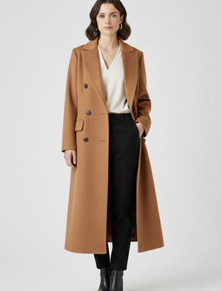 Women’s beige coat with lapel collar and button fastening, stylish outerwear by THE WHITMORE FAMILY.
