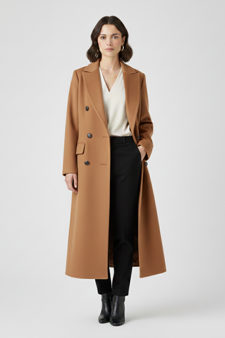 Women’s beige coat with lapel collar and button fastening, stylish outerwear by THE WHITMORE FAMILY.