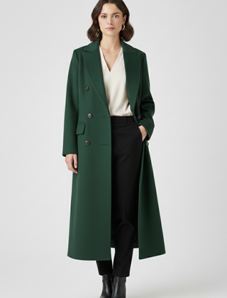Beige women’s coat by THE WHITMORE FAMILY featuring a lapel collar and button fastening, stylish and suitable for cool weather.