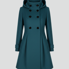 Black women’s coat with hood and double button front from THE WHITMORE FAMILY, featuring a stylish, warm outerwear design.