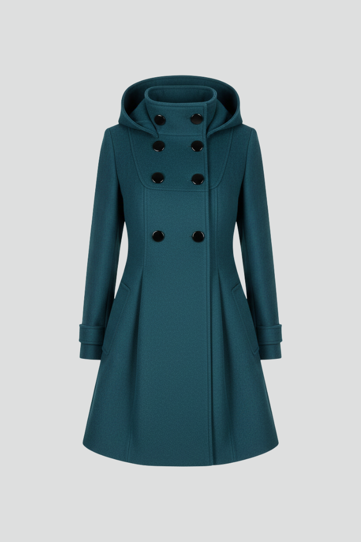 Black women’s coat with hood and double button front from THE WHITMORE FAMILY, featuring a stylish, warm outerwear design.