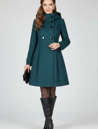 Black women’s coat with hood and double button front from THE WHITMORE FAMILY, featuring a stylish and warm outerwear design.