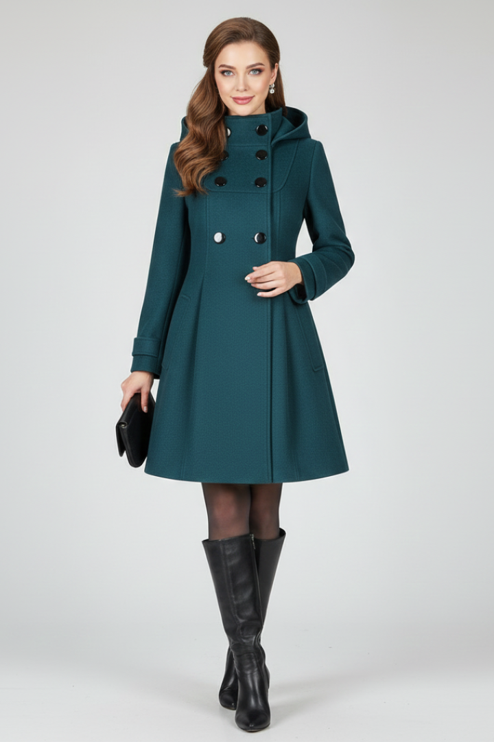 Black women’s coat with hood and double button front from THE WHITMORE FAMILY, featuring a stylish and warm outerwear design.