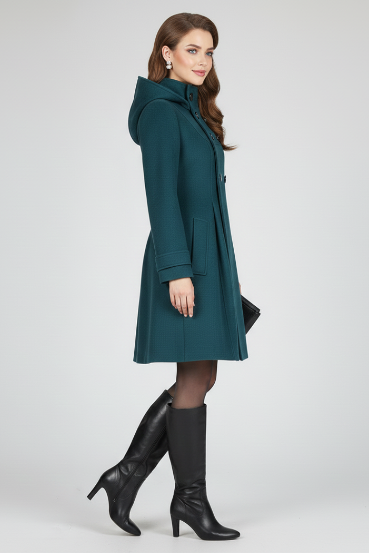 Black women’s coat with hood and double button front by THE WHITMORE FAMILY, shown on a female model.