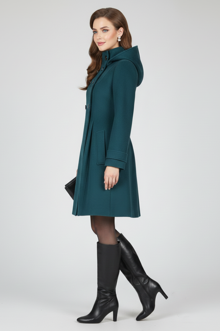Black women’s coat with hood and double button front by THE WHITMORE FAMILY, shown on a model.
