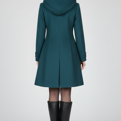 Black women’s coat with hood and double button front, stylish outerwear by THE WHITMORE FAMILY