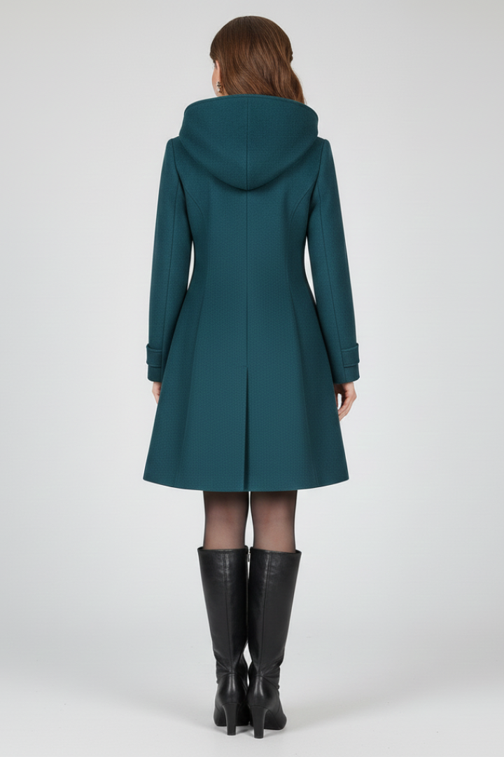 Black women’s coat with hood and double button front, stylish outerwear by THE WHITMORE FAMILY