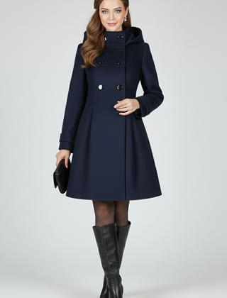 Black women’s coat with hood and double button front from THE WHITMORE FAMILY, featuring a stylish and warm winter outerwear design.
