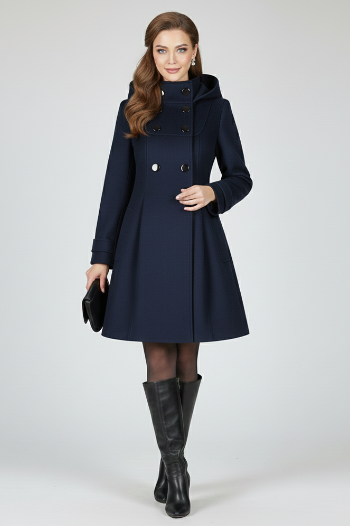Black women’s coat with hood and double button front from THE WHITMORE FAMILY, featuring a stylish and warm winter outerwear design.