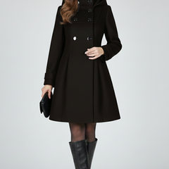 Black women’s coat with hood and double button front from THE WHITMORE FAMILY, featuring a stylish and warm outerwear design.