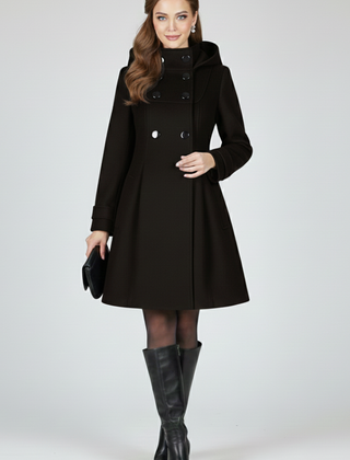 Black women’s coat with hood and double button front from THE WHITMORE FAMILY, featuring a stylish and warm outerwear design.