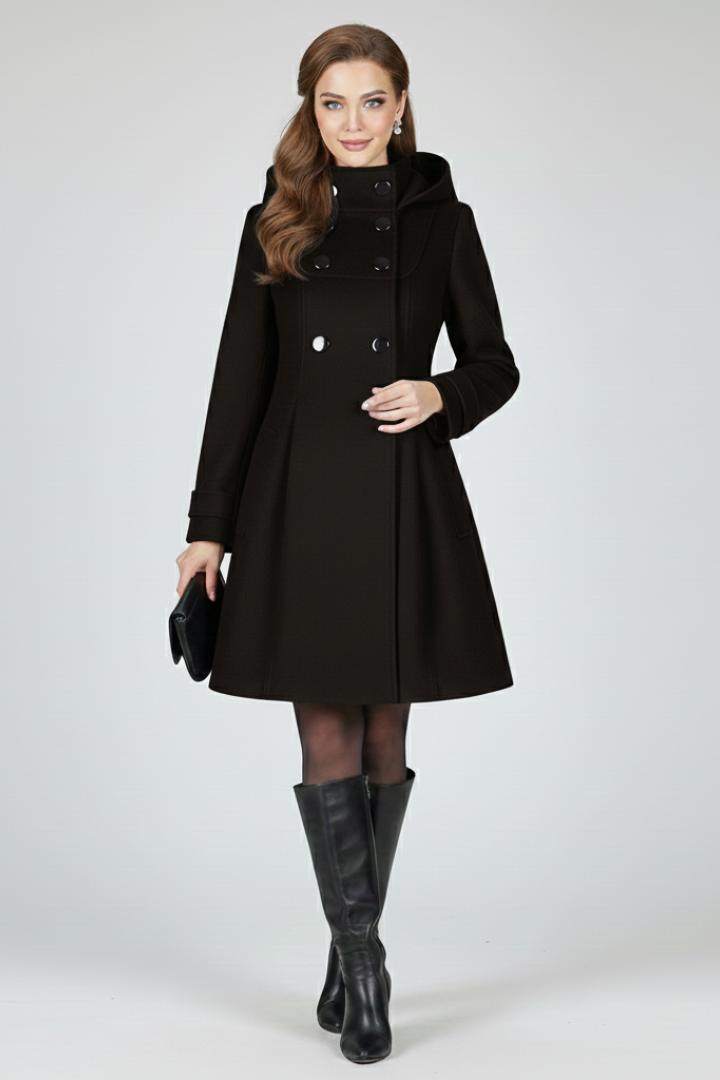 Black women’s coat with hood and double button front from THE WHITMORE FAMILY, featuring a stylish and warm outerwear design.