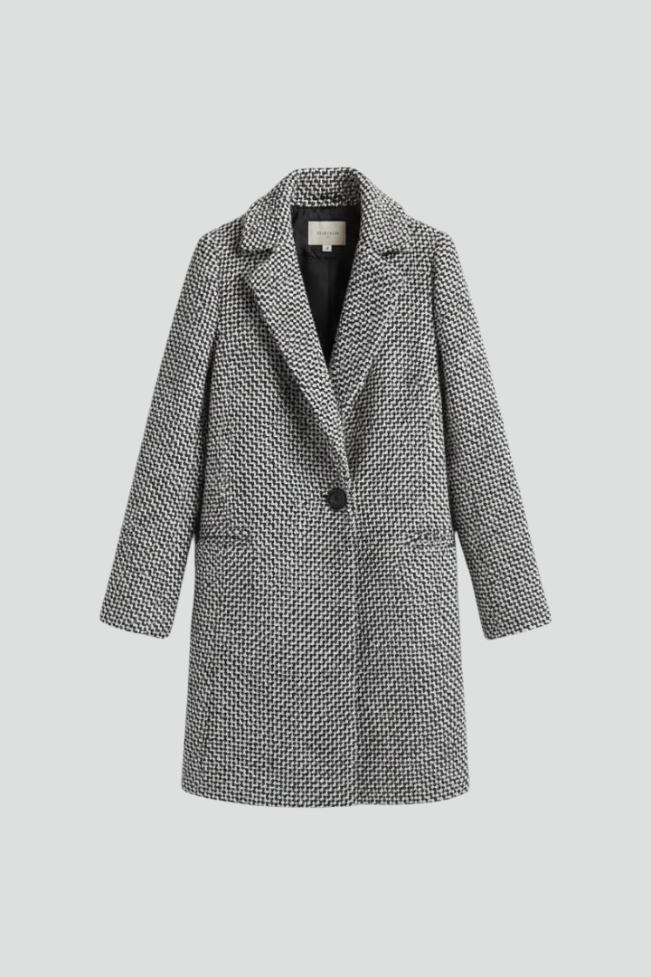 Women’s grey coat with blazer collar and woven texture, stylish outerwear by THE WHITMORE FAMILY