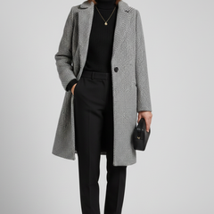 Women’s grey coat with blazer collar and woven texture by THE WHITMORE FAMILY, stylish and warm outerwear for women.
