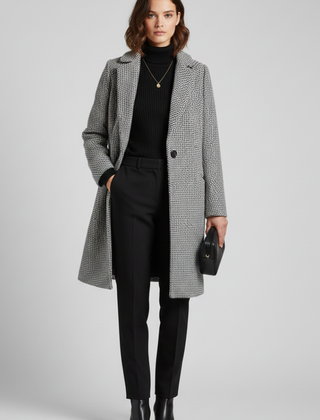 Women’s grey coat with blazer collar and woven texture by THE WHITMORE FAMILY, stylish and warm outerwear for women.