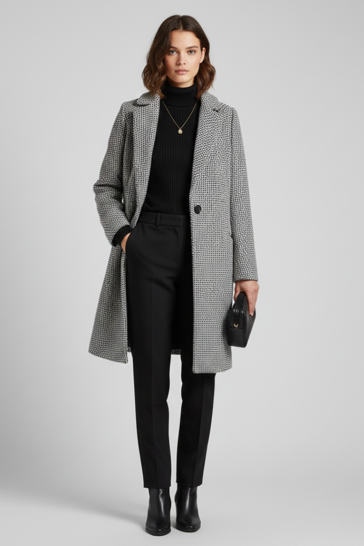 Women’s grey coat with blazer collar and woven texture by THE WHITMORE FAMILY, stylish and warm outerwear for women.