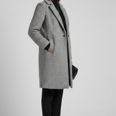Women’s grey coat with blazer collar and woven texture from THE WHITMORE FAMILY, stylish outerwear for women.