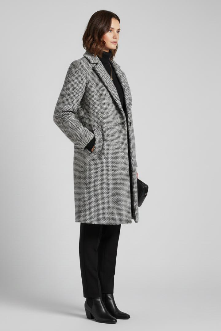 Women’s grey coat with blazer collar and woven texture from THE WHITMORE FAMILY, stylish outerwear for women.