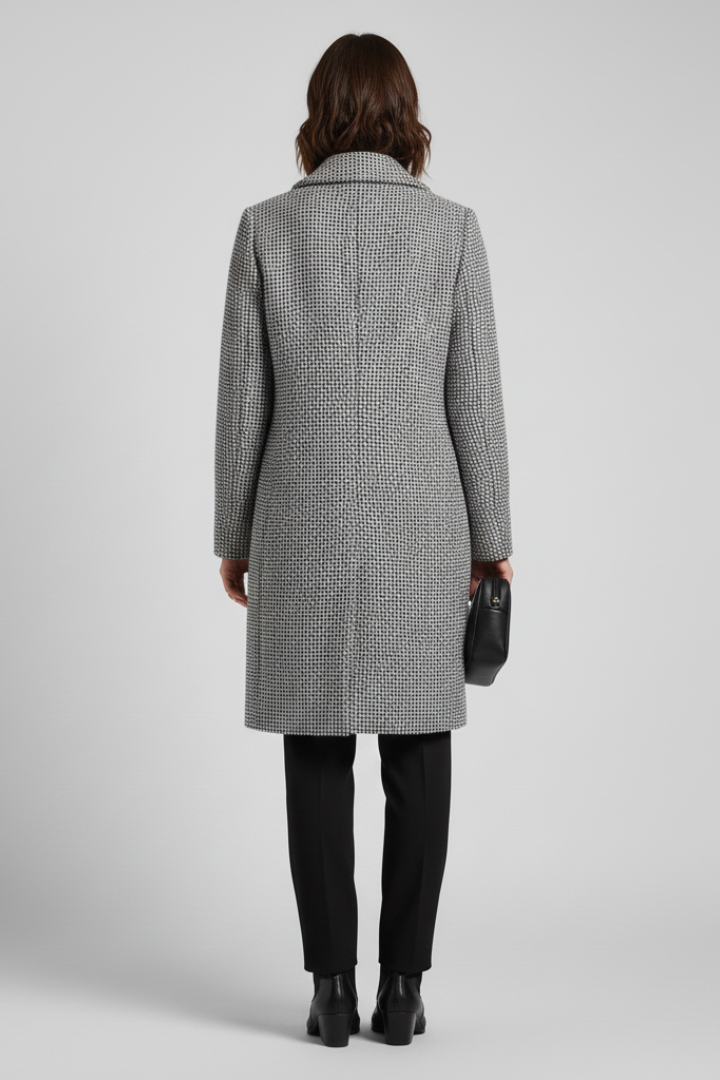 Women’s grey coat with blazer collar and woven texture, stylish outerwear from THE WHITMORE FAMILY.