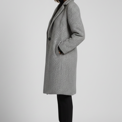 Women’s grey coat with blazer collar and woven texture, designed by THE WHITMORE FAMILY, stylish outerwear for women.