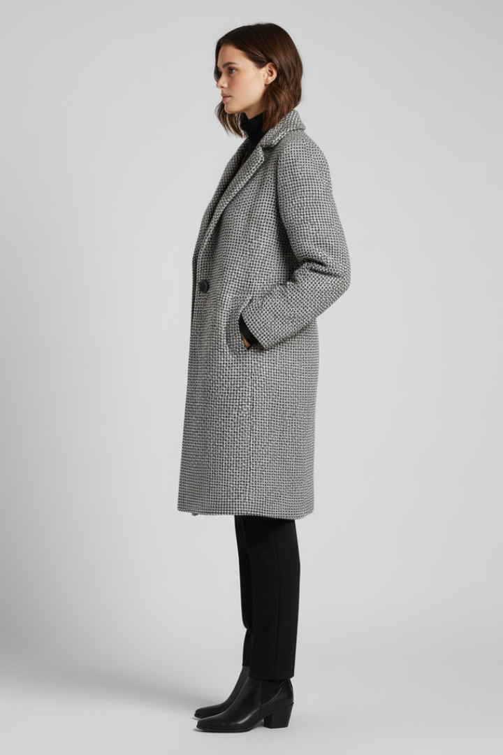 Women’s grey coat with blazer collar and woven texture, designed by THE WHITMORE FAMILY, stylish outerwear for women.