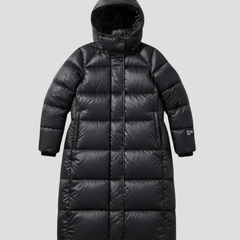Black women’s down coat with hood and quilted surface by THE WHITMORE FAMILY, stylish and warm winter outerwear for women.