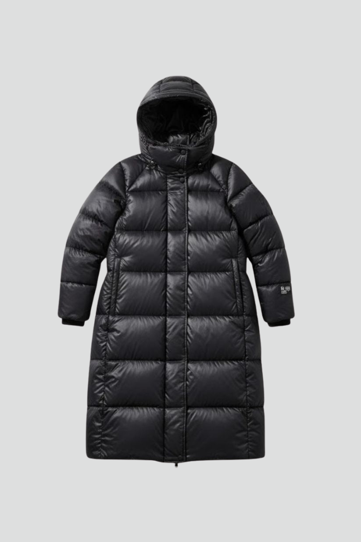 Black women’s down coat with hood and quilted surface by THE WHITMORE FAMILY, stylish and warm winter outerwear for women.