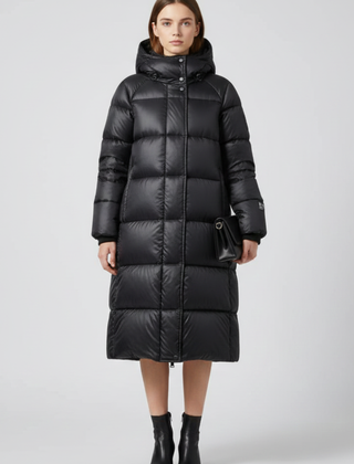 Women’s black down coat with hood and quilted surface from THE WHITMORE FAMILY, stylish winter outerwear for women.