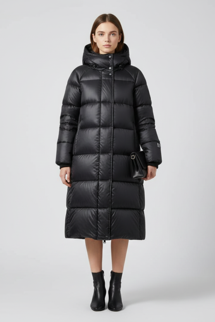 Women’s black down coat with hood and quilted surface from THE WHITMORE FAMILY, stylish winter outerwear for women.