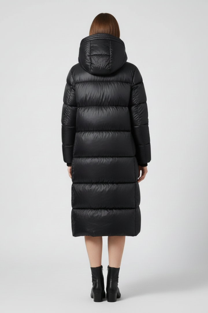 Women’s black down coat with hood and quilted surface by THE WHITMORE FAMILY, designed for warmth and style.