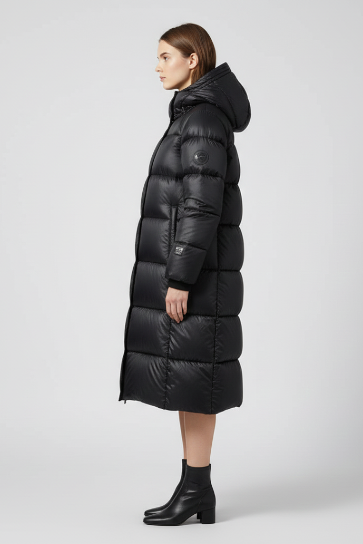 Women’s black down coat with hood and quilted surface by THE WHITMORE FAMILY, featuring a warm, insulated winter outerwear design.